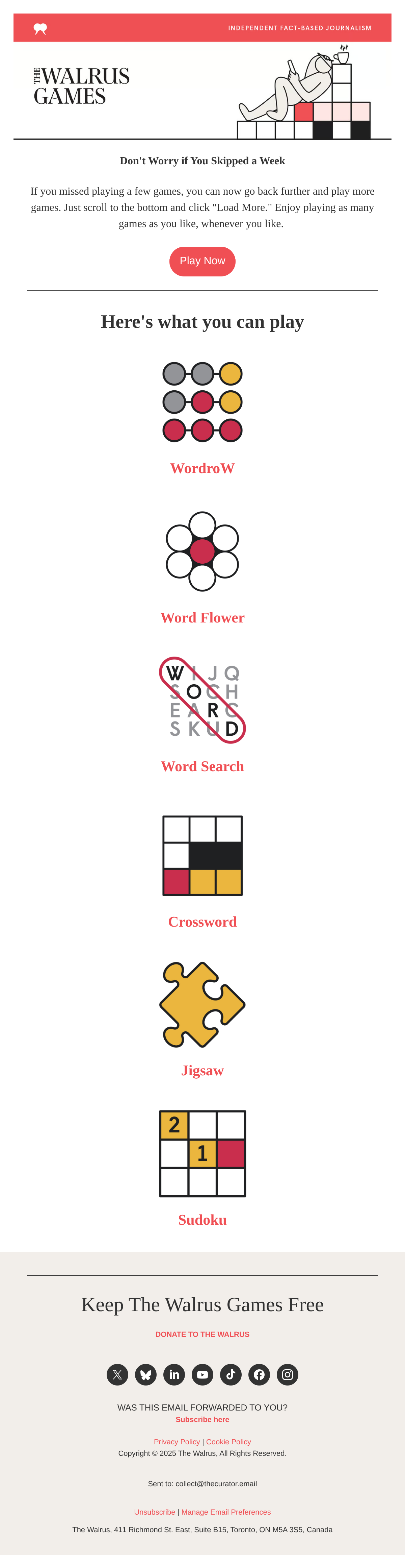 Never Run Out of Games to Play - email email from The Walrus